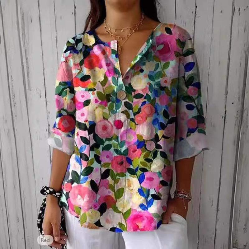 Spring Autumn Button Blouse V-neck Casual Printed Top Shirt for Women
