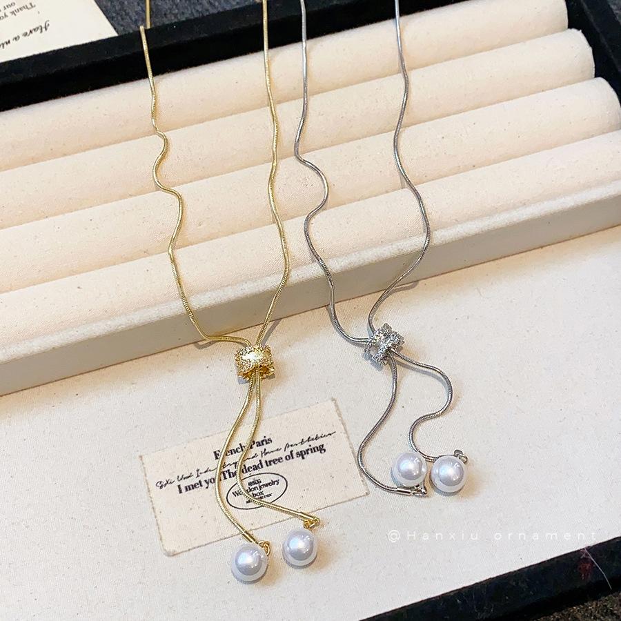 Minimalist Tassel Round Pearl Pendant Necklace Simple Adjustable Necklace Women Daily Sweater Wear Fashion Jewelry Gift Necklace
