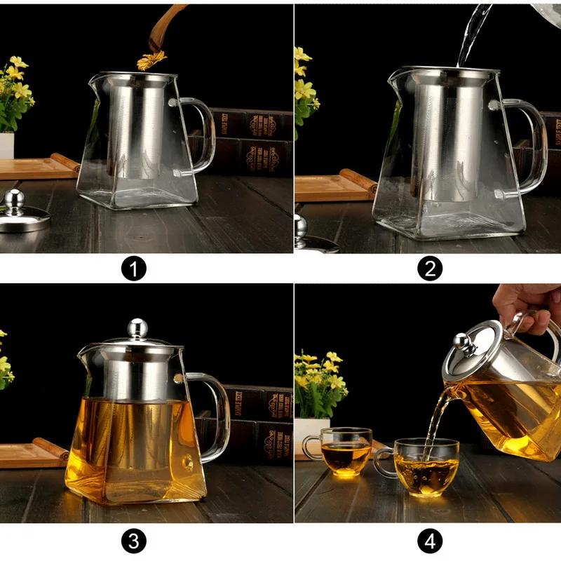 Heat Resistant Glass Teapot With Stainless Steel Infuser Heated Container Tea Pot Good Clear Kettle Square Filter Baskets