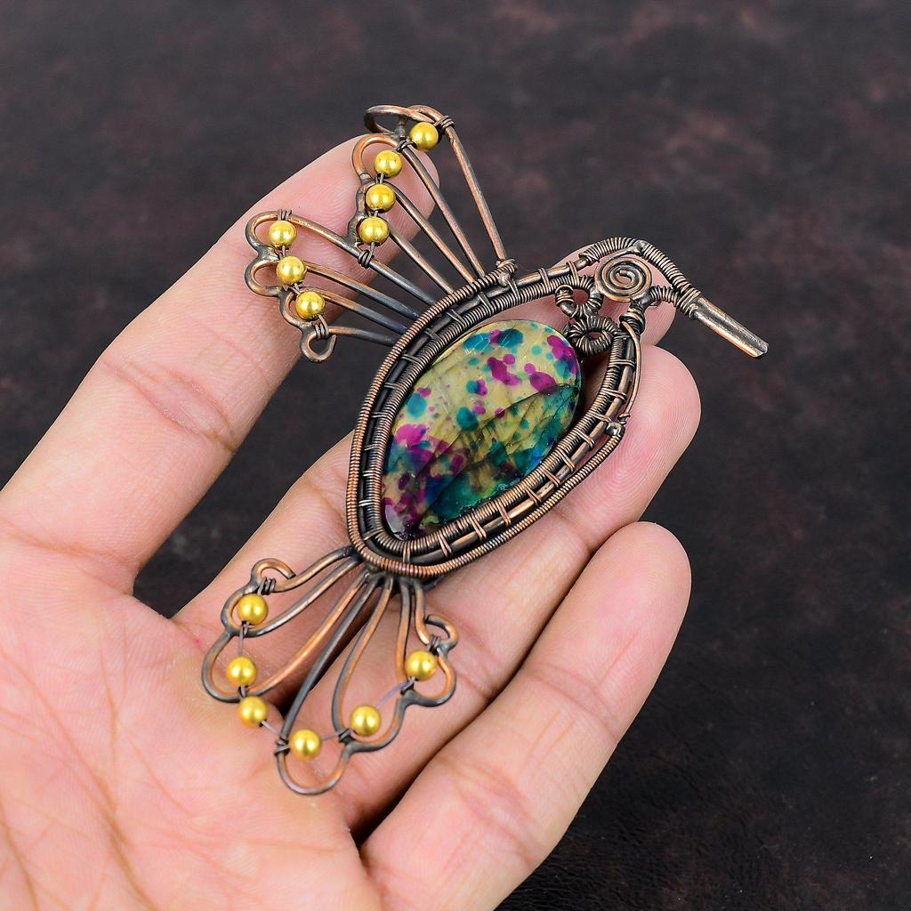 Кулон из нескольких огненных лабрадоритов, кулон из медной проволоки, кулон ручной работы с драгоценным камнем, уникальные медные украшения, кулон с птицей, подарок на юбилей