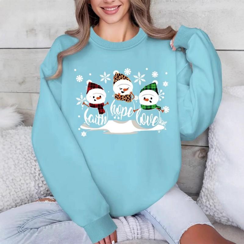 Christmas Snow Print Crew Neck Sweatshirt Women Loose Fit Casual Long Sleeve Top