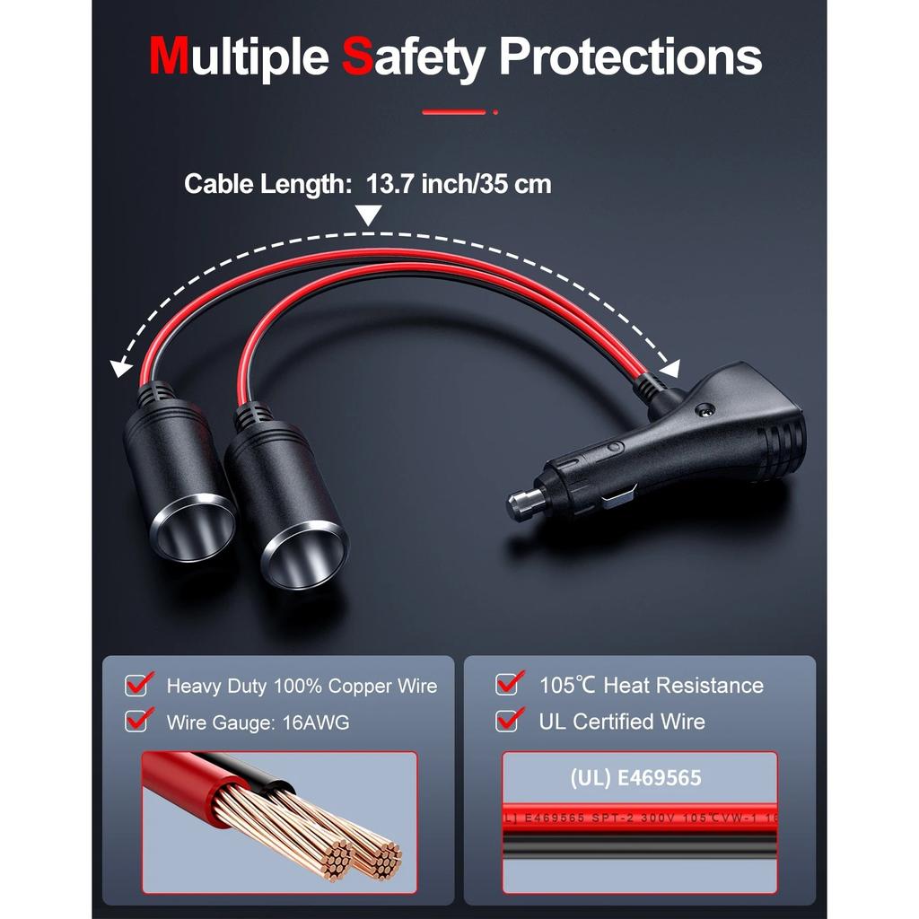 1 на 2 автомобильных разветвителя розетки, порт зарядного устройства 16AWG 12/24 В, 2-канальный разветвитель с предохранителем 10 А