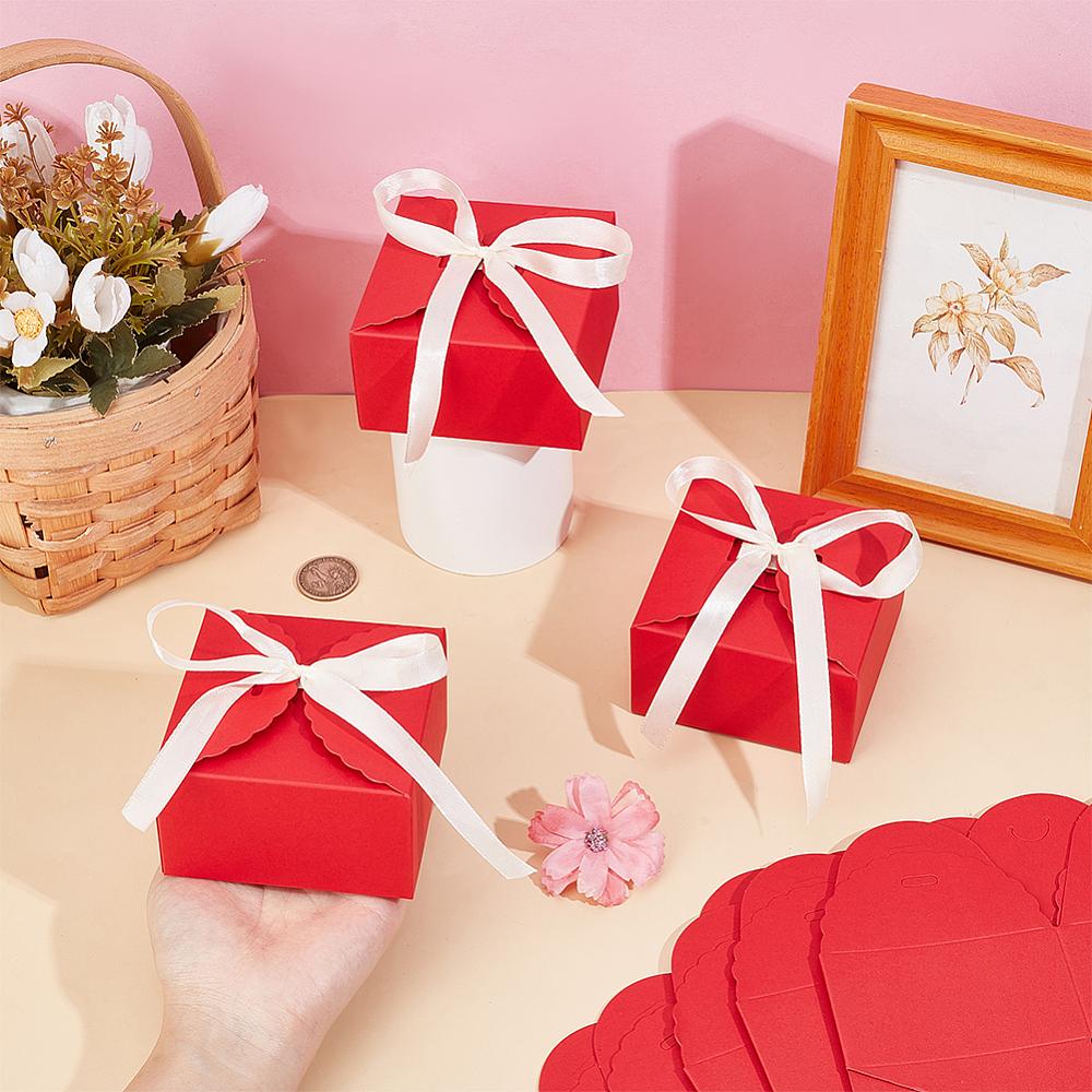 30sets Square Folding Paper Gift Boxes for Presents Candies Cookies Wrapping with Polyester Ribbon Red 9x9x5cm