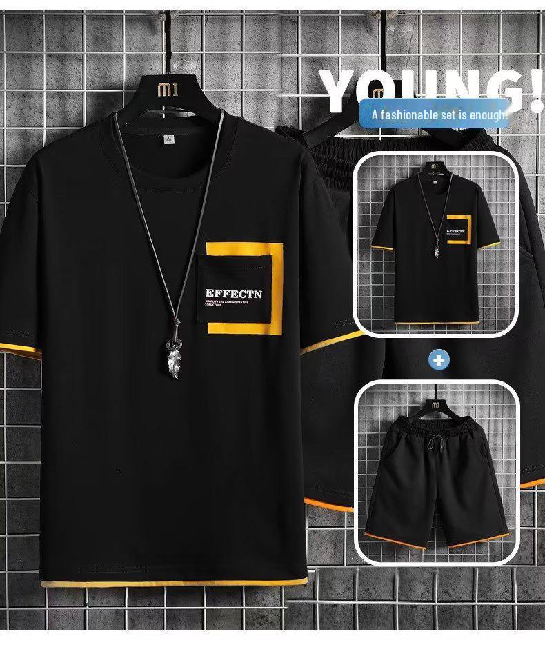 Мужской летний повседневный спортивный комплект 2023 года: Футболка с коротким рукавом и шорты в гонконгском стиле — легкий модный комплект из двух частей