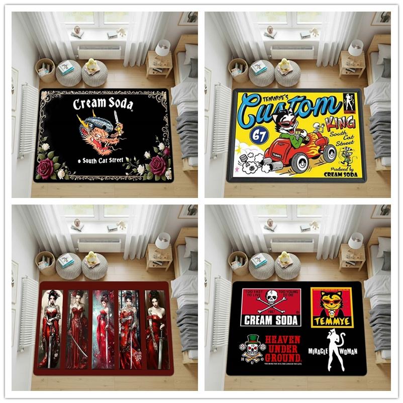 Cream Soda Black Cat female samurai Tokyo Rockabilly Rug Carpets,living Room Carpet,computer Chair Floor Mat,tatami,bedside Mats