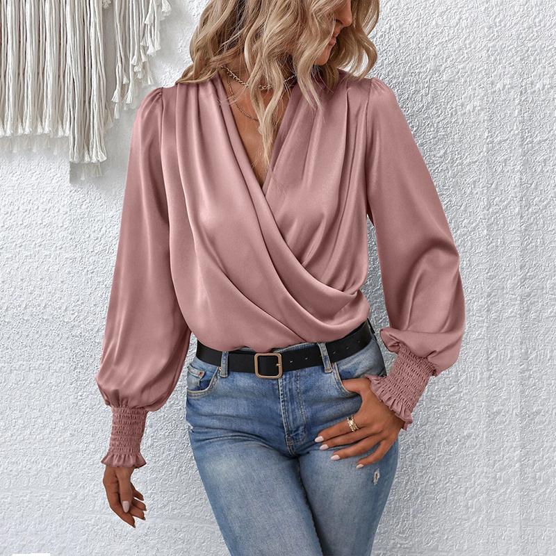 Элегантная женская однотонная рубашка с v-образным вырезом и воздушными рукавами
