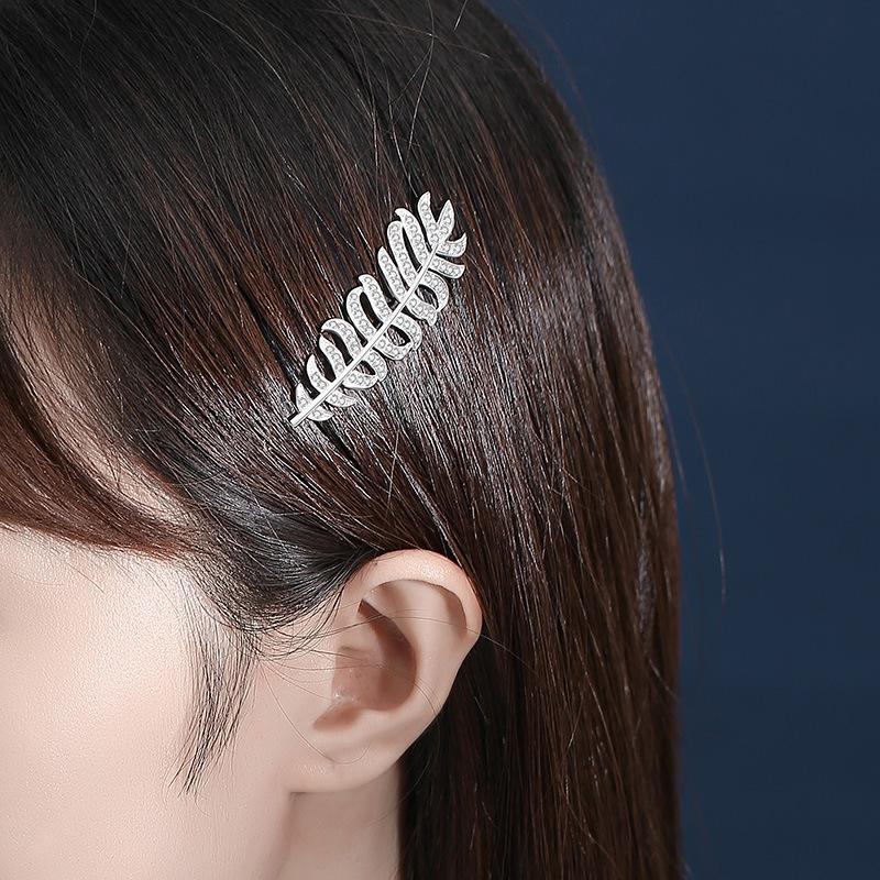 Elegant Feather Design Hair Clip Cubic Zirconia Full Paved 925 Silver Hairpin Daily Hair Accessories