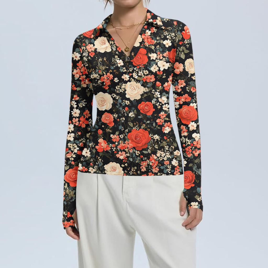 Женская Мода Повседневный Принт V-образный Вырез Длинный Рукав Застежка на Пуговицы Топ