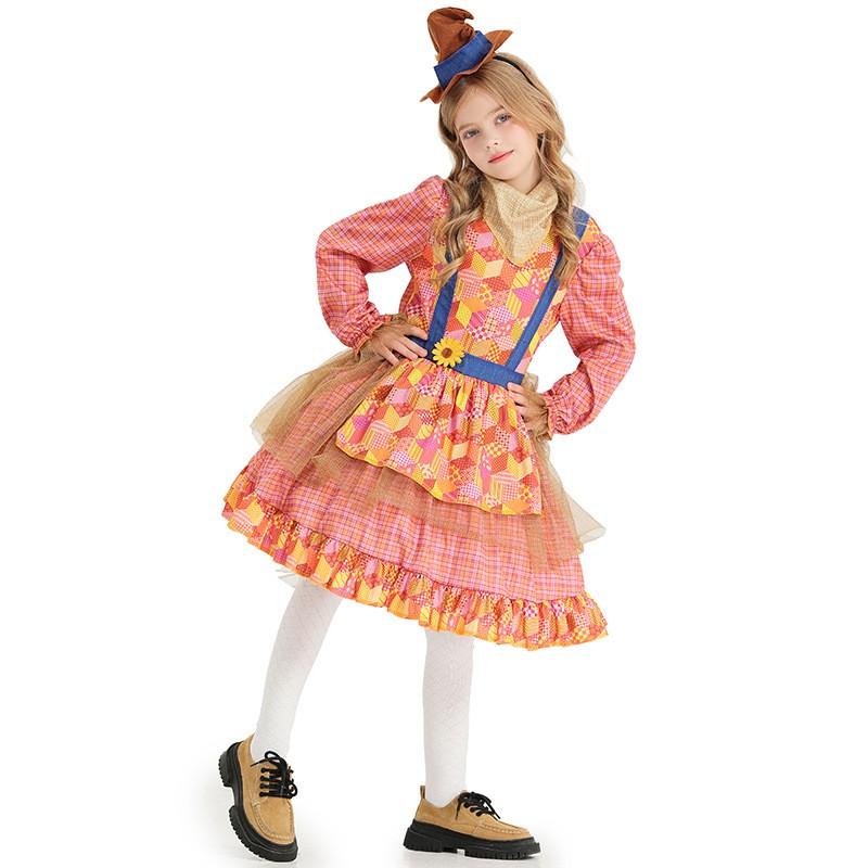 Sweet Vintage Plaid Scarecrow Dress Girls With Sunflower Applique Cosplay Costume School Performance