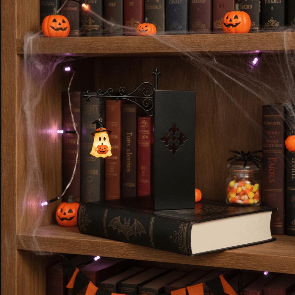 Wrought Iron LED Glowing Lantern Button Cell Battery Powered Ghost Bookshelf Decor Study Room