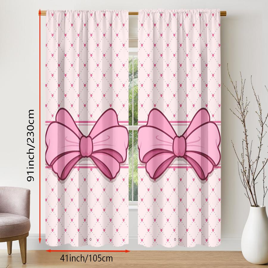 2 Pack Cute Pink Bow and Heart Curtains, Flat Print, Light Filtering Fabric, Bedroom Living Room Window Decor, Valentine's Day