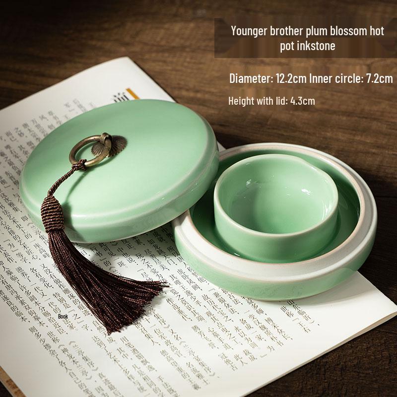 Чернильница из селадоновой керамики Килн Жу: Чернильница с двойным кругом и крышкой, Антивысыхающая чернильница для каллиграфии, Антикварная чернильница.