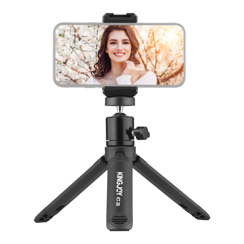 KINGJOY KT-26 Mini Desktop Tripod Rotatable Ball Head with Extendable Cold Shoe Phone Clip 1/4 Inch