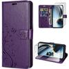 Case for Samsung Galaxy A36 5G - BOOLING - Dark Purple PU Leather with Floral Relief Pattern - 2 Tempered Glass