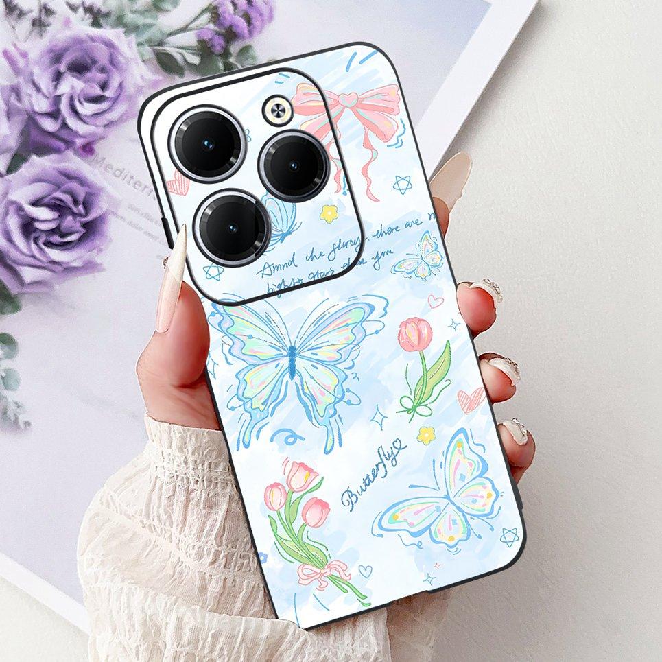 Чехол для Tecno Spark 20 Pro Plus Задний бампер Spark 20Pro 20C Цветная бабочка Цветок Рисунок Чехол для телефона Черный Мягкий силикон