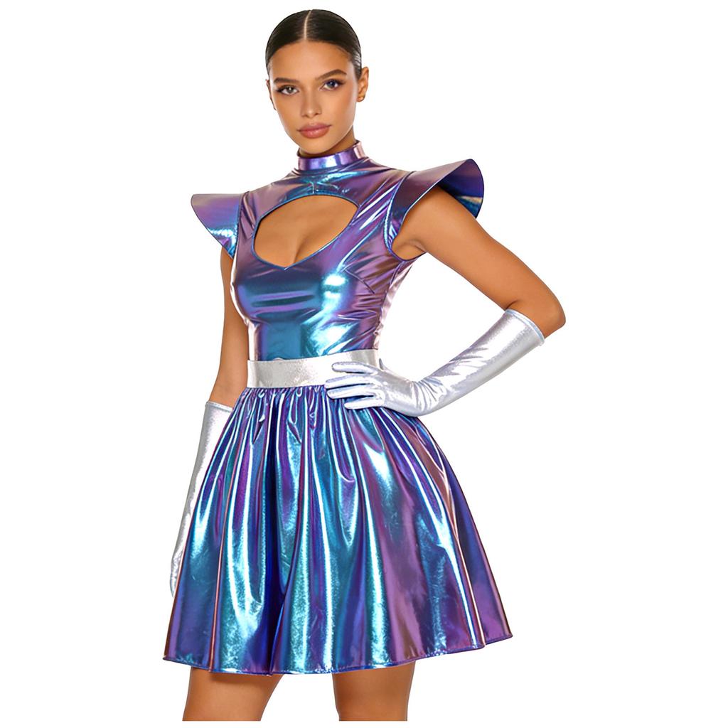 S-3XL Женский костюм для косплея инопланетянки, Металлическое блестящее платье, Вырез на шее и структурированные наплечники с перчатками для вечеринки в космической тематике