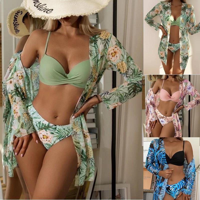 3 шт./компл. купальник с принтом пуш-ап женский купальник бикини комплект с длинными рукавами женский купальный костюм купальный костюм накидка с принтом купальный костюм большого размера пляжная одежда
