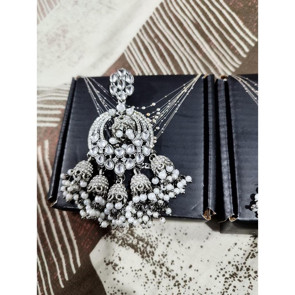 Женские серьги-капли Jhumki Drops из антикварного серебра с кунданом и австрийскими бриллиантами