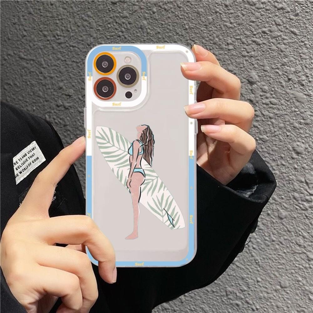 Чехол для телефона 'Девушка на серфе на пляже' Для iPhone 15 11 12 13 14 Mini Pro Max XR X XS TPU Прозрачный чехол
