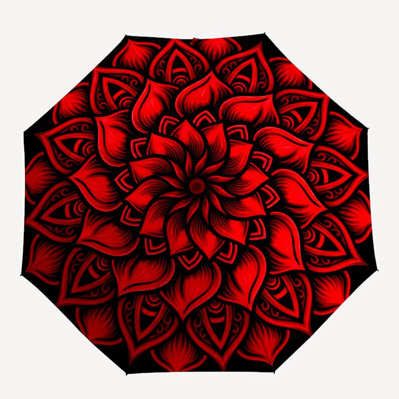 1pc Red Lotus Mandala Umbrella with Plastic Handle,Compact & Stylish,Suitable for All Seasons YS331066