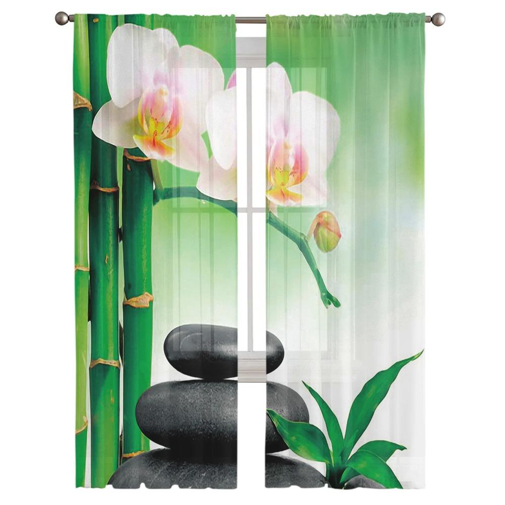 Zen Stones Orchids Flower Green Bamboo Tulle Curtains for Living Room Bedroom Decor Transparent Sheer Voile Window Curtain