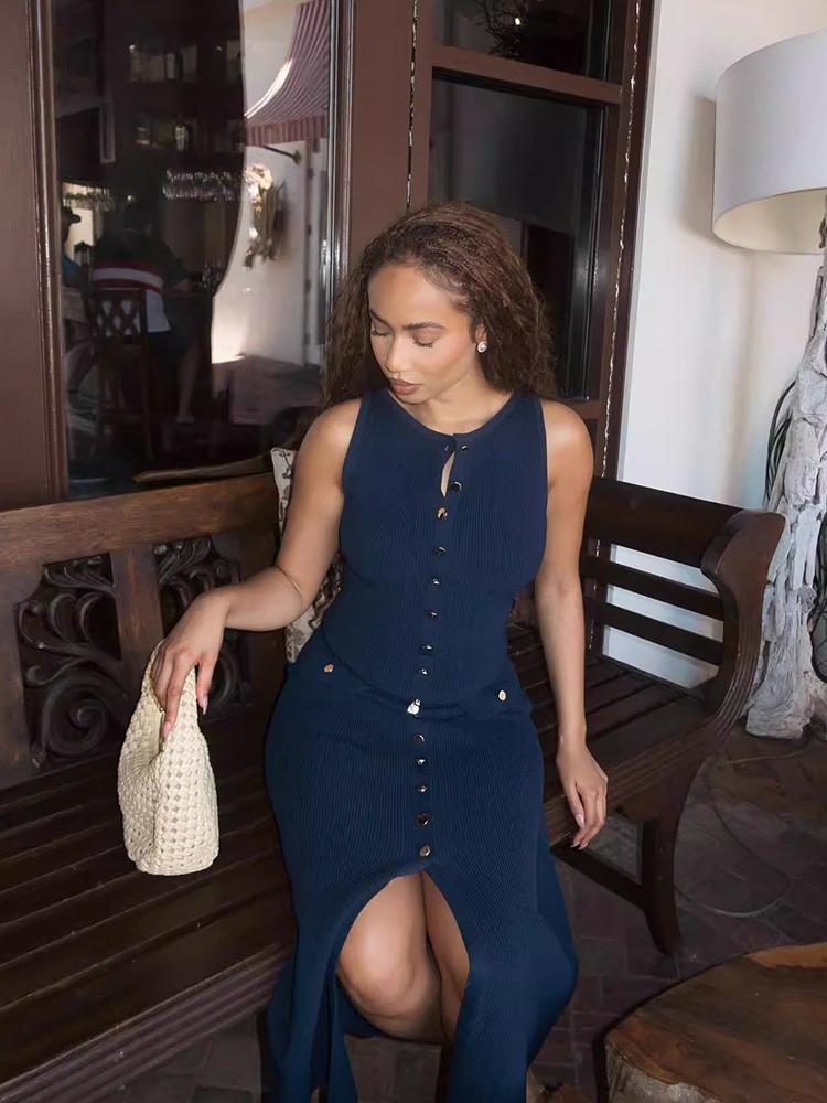 Knitted Sleeveless Long Dresses Women O Neck Single Breasted Fake Pockets Decoration Split Party Dress Autumn Beach Robe