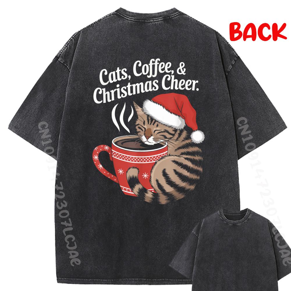 Cats Coffee Christmas Cheer Funny Cat Lover Coffee Addict Men Graphic Tees Men Short Sleeve Tee