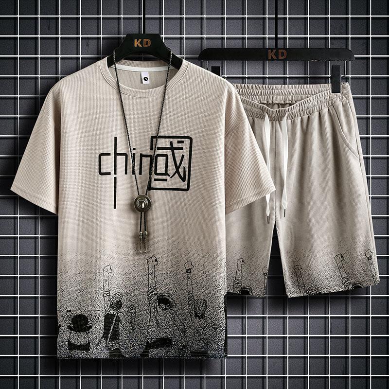 Летние мужские комплекты из двух предметов с аниме-принтом, футболка + шорты, костюмы с градиентом, льняная ткань, повседневный костюм, мужской спортивный костюм с короткими рукавами