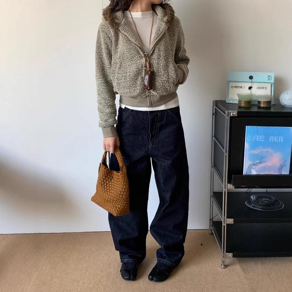 A3 Ретро-джинсы свободного покроя с широкими штанинами: Оригинальный цвет, нейтральный, средне-высокая талия, заниженный шаговый шов для женщин