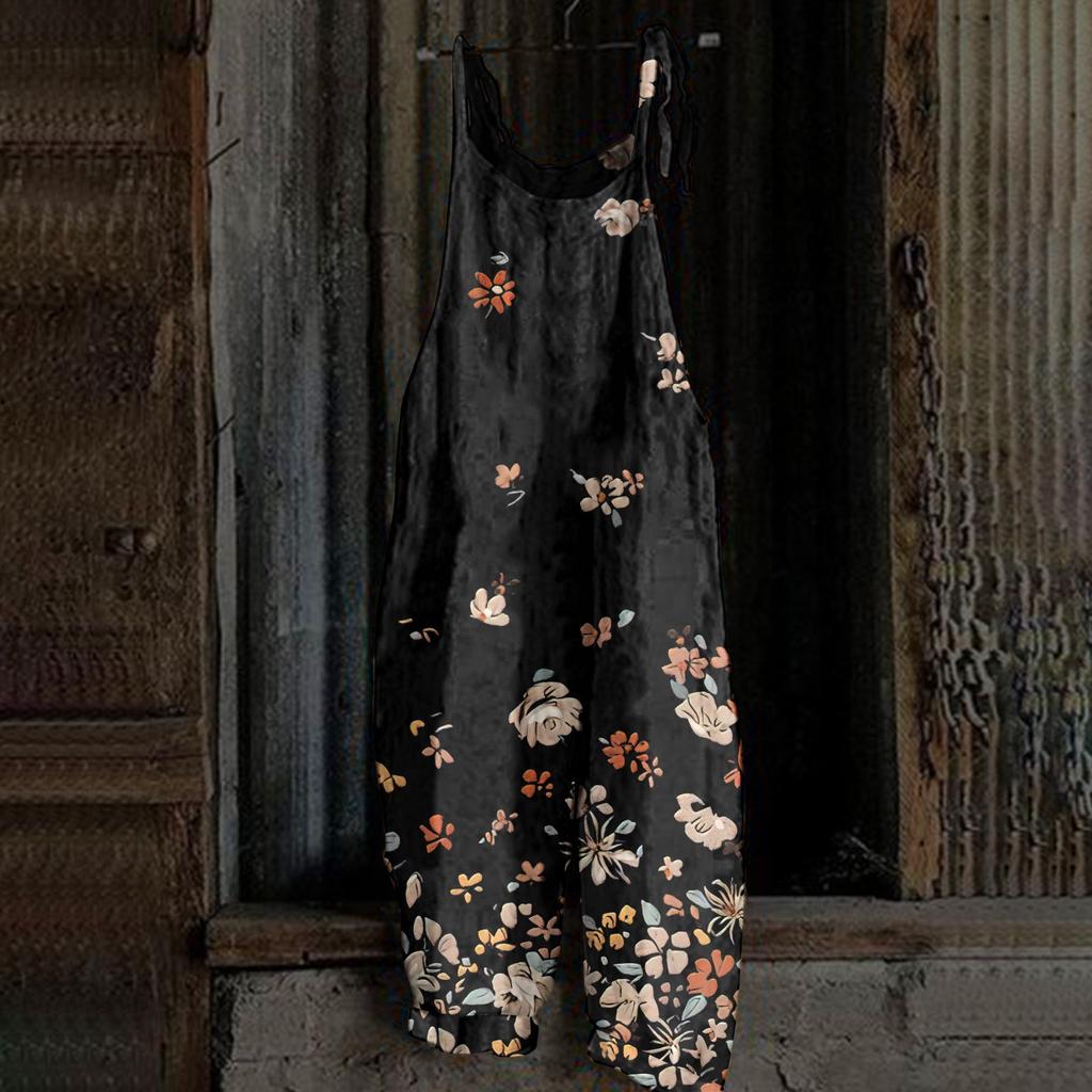 Женский комбинезон с принтом, повседневный, свободный, винтажный, с бретельками, из хлопка и льна