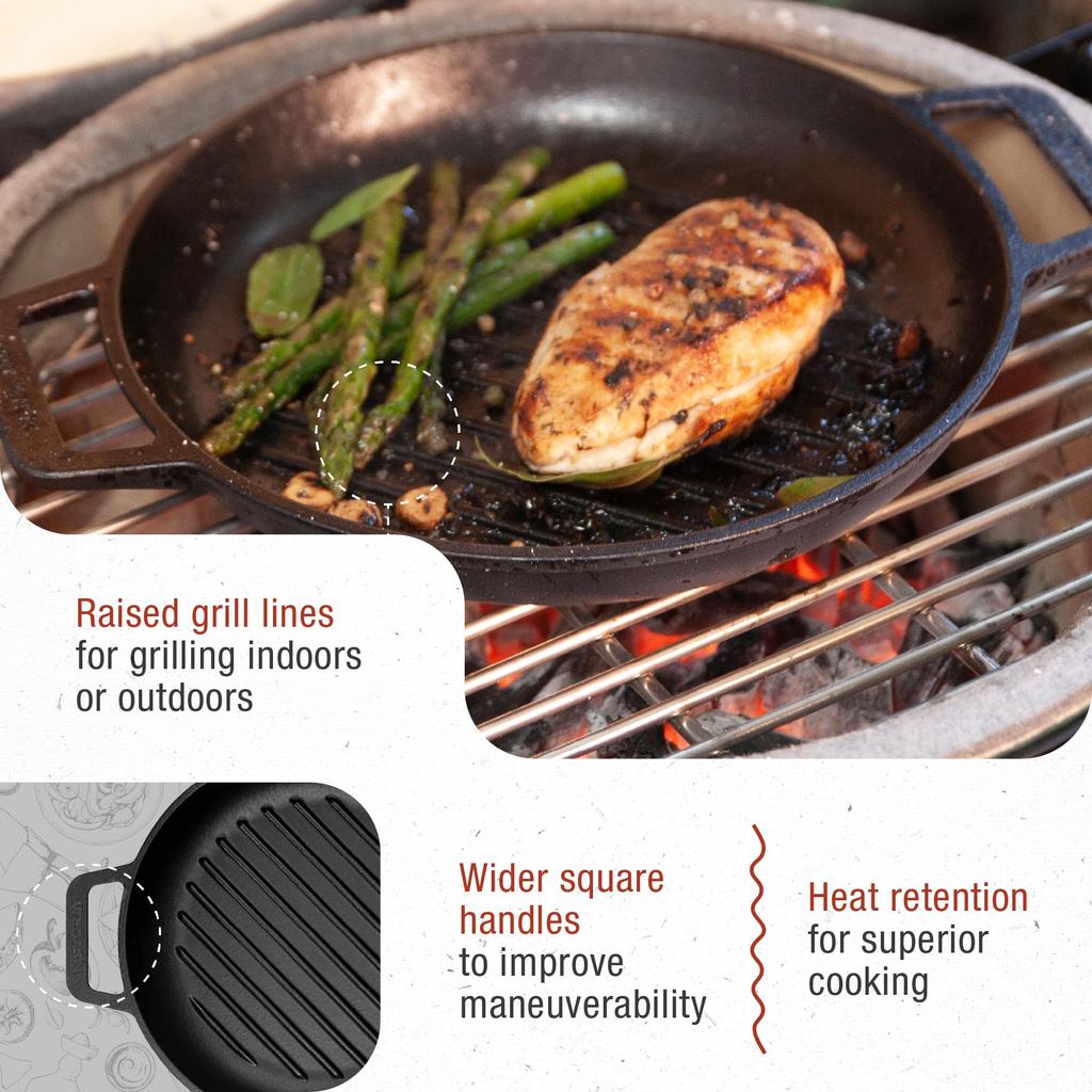 Сковорода-гриль из чугуна Victoria, круглая, с двойной ручкой, с льняным маслом и приправами