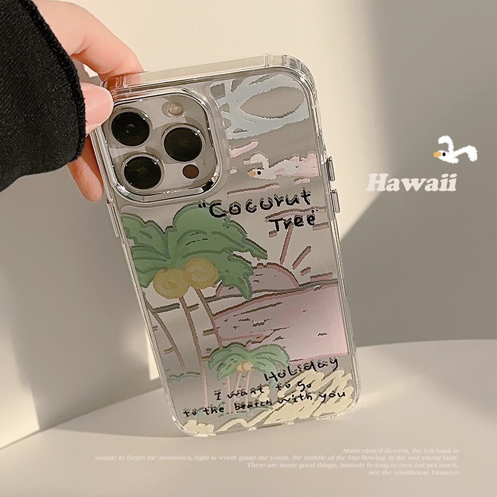 Летняя Кокосовая Пальма 14pro Max Подходит для IPhone16 Чехол для IPhone 11 Зеркальце для макияжа 12 Advanced 15 Нишевый
