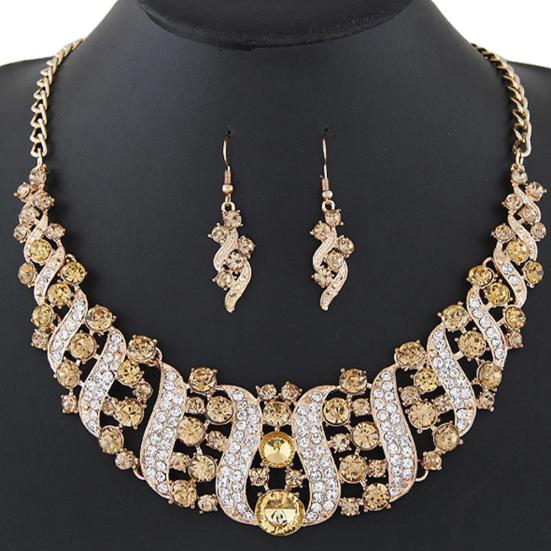 Women Rhinestone Spiral Bib Necklace Hook Earrings Statement Party Jewelry Set