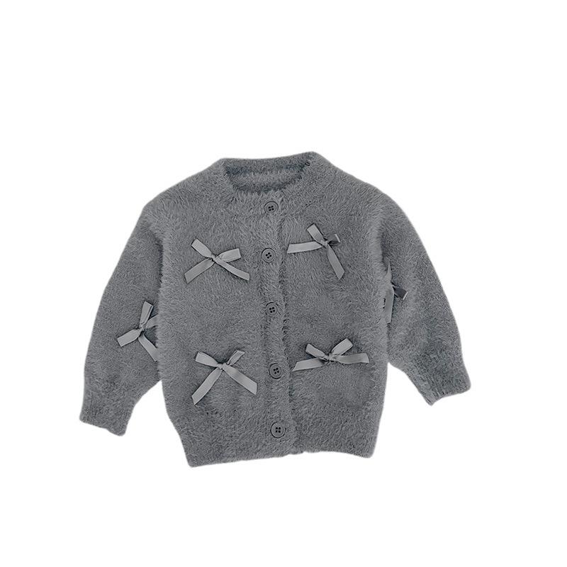 Baby Autumn Premium Gray Sweater New Girls Sweet Princess Style Bow Plush Jacket Knitted Sweater