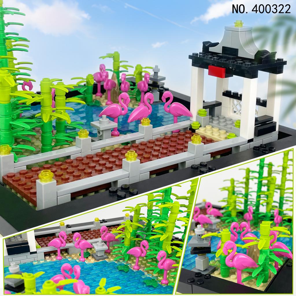 400322 City Wetland Park Grass River Small Grain Floor Bird Animal Model Vegetation Leaves Garden Pavilion Building Block Toy