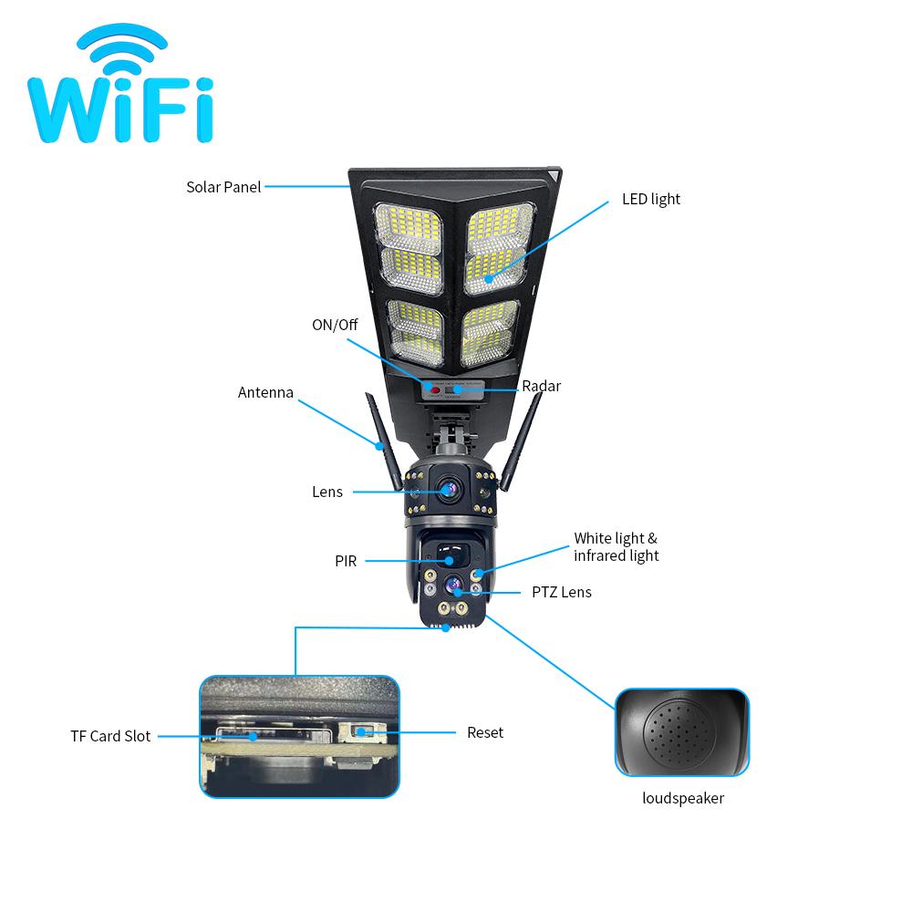 Multi-functional Solar Street Light with PIR Sensor Dual-lens Monitoring, Intelligent Lighting, Wireless WIFI/4G Camera
