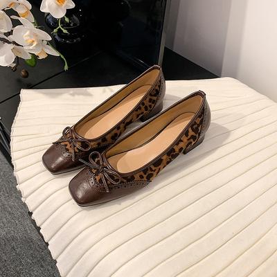 Версия из овчины~ туфли из натуральной кожи на низком каблуке с бантом и леопардовым принтом на плоской подошве с мелким вырезом, темпераментные туфли на мягкой подошве
