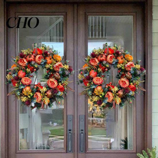 Hydrangea Peony Garland Autumn Pumpkin Wreath Artificial Twig Vintage Floral Spring And Summer Set Seasonal Door Hanger for Thanksgiving Harvest Decor