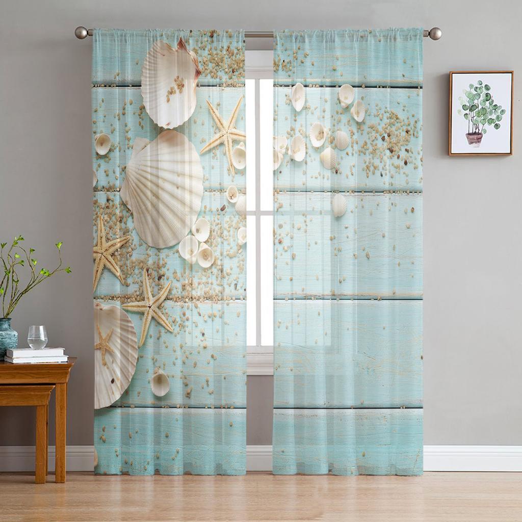 Wooden Board Shells Starfish Curtain Window Tulle For Living Room Bedroom The Kitchen Window Treatment Decorations Curtains