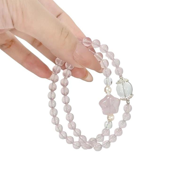 Natural Rose Quartz Clear 6mm Double Layer Bracelet Women With Mini Star Charm