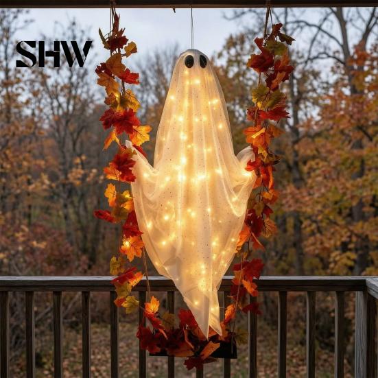Mysterious Holiday Window Decorations Swinging Ghost Outdoor Decor, Large Halloween Hanging with Maple Leaf Spooky Tree Ornaments Vine Lights