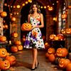 Women's Halloween Print Dress Sleeveless Spaghetti Strap Fit and Flare Dress Vintage Style A-Line Dress with Ghost Pumpkin and Witch Hat Pattern