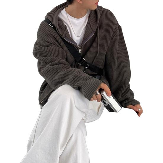 Мужской свитер осень-зима пальто с капюшоном застежка-молния свободная застежка длинные рукава шнурок средней длины однотонный цвет ретро вязаная куртка