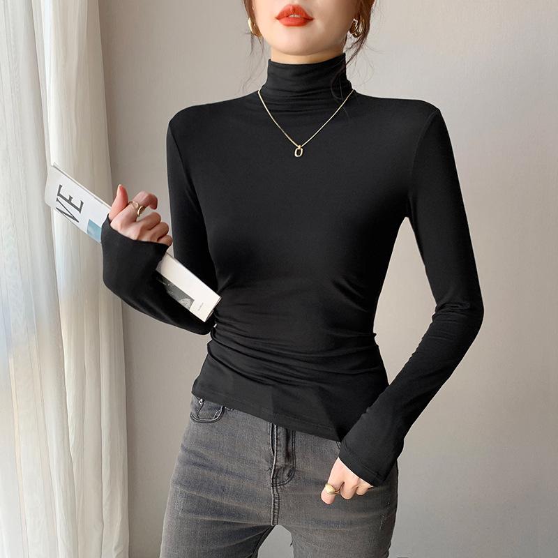 Женский черный модальный топ с длинным рукавом, облегающий, с высоким воротником, базовый слой для весны, осени, зимы 2024.
