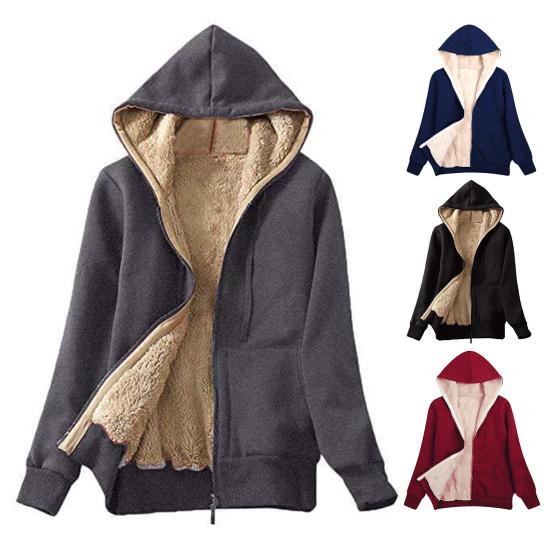 Женская зимняя толстовка с капюшоном и карманами, с толстой флисовой подкладкой, однотонная, с длинными рукавами, эластичными манжетами и подолом на молнии