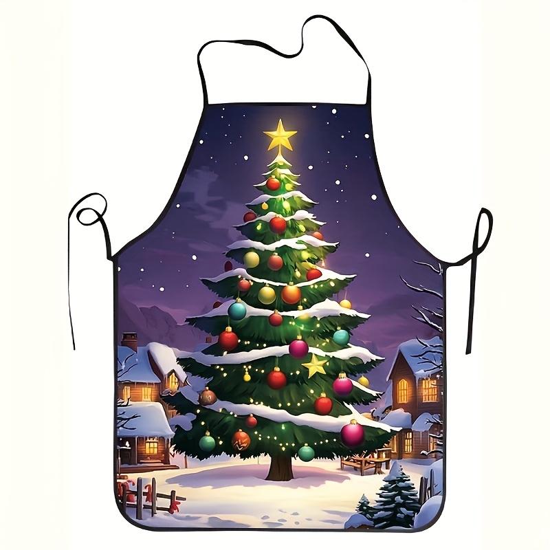 Fun Christmas Tree Apron - Snowy Village, Colorful Ornaments, and Starry Night Design, Durable and Easy to Clean, Ideal for Home Cooking, Restaurants,