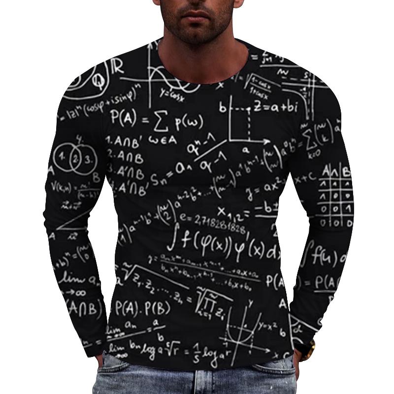 Fun Mathematical Formula Pattern Men's Long Sleeved Casual T-shirts - Soft Medium Stretch Polyester Fabric Spring and Autumn Relaxed Fit Clothing