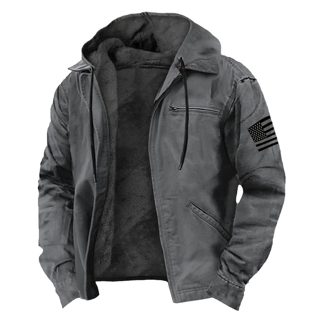 Men's Casual Zippered Pocket Hooded Jacket Men's Solid Color Fashion Warm Jacket