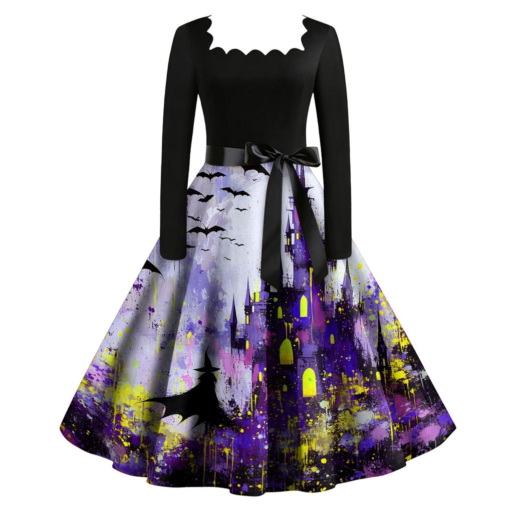 Women's Vintage Long Sleeve Square Neck Dress Halloween Skeleton Print Party Dress Retro Style Full Skirt with Waist Tie Belt