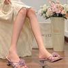 Women Flower Decor Slippers New Female Ankle Strap Sandals Women Summer Square Toe High Heels Fashion Thin High Heel Sexy Shoes